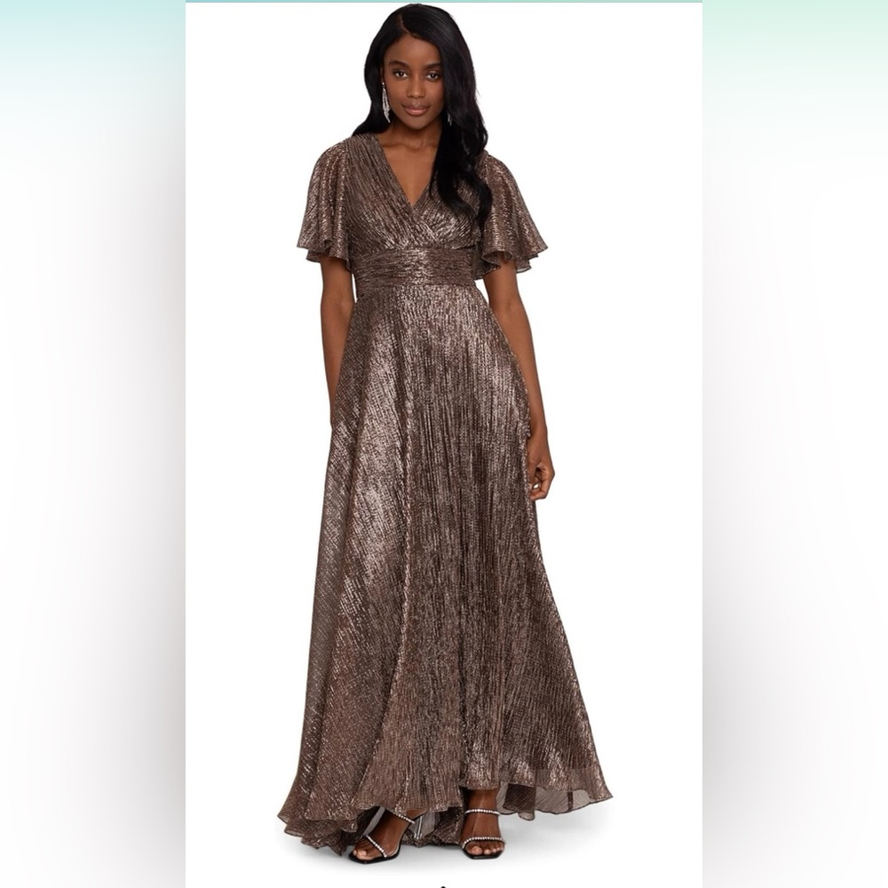 Betsy & Adam Long V-Neck Flutter Sleeve Dress.